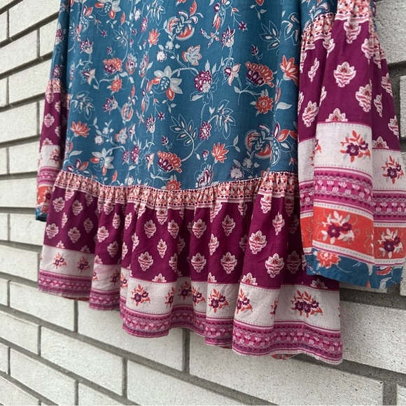 Beach Lunch Lounge Blue Boho Floral Bell Sleeve Peasant Top Block Print Rayon - Picture 4 of 9